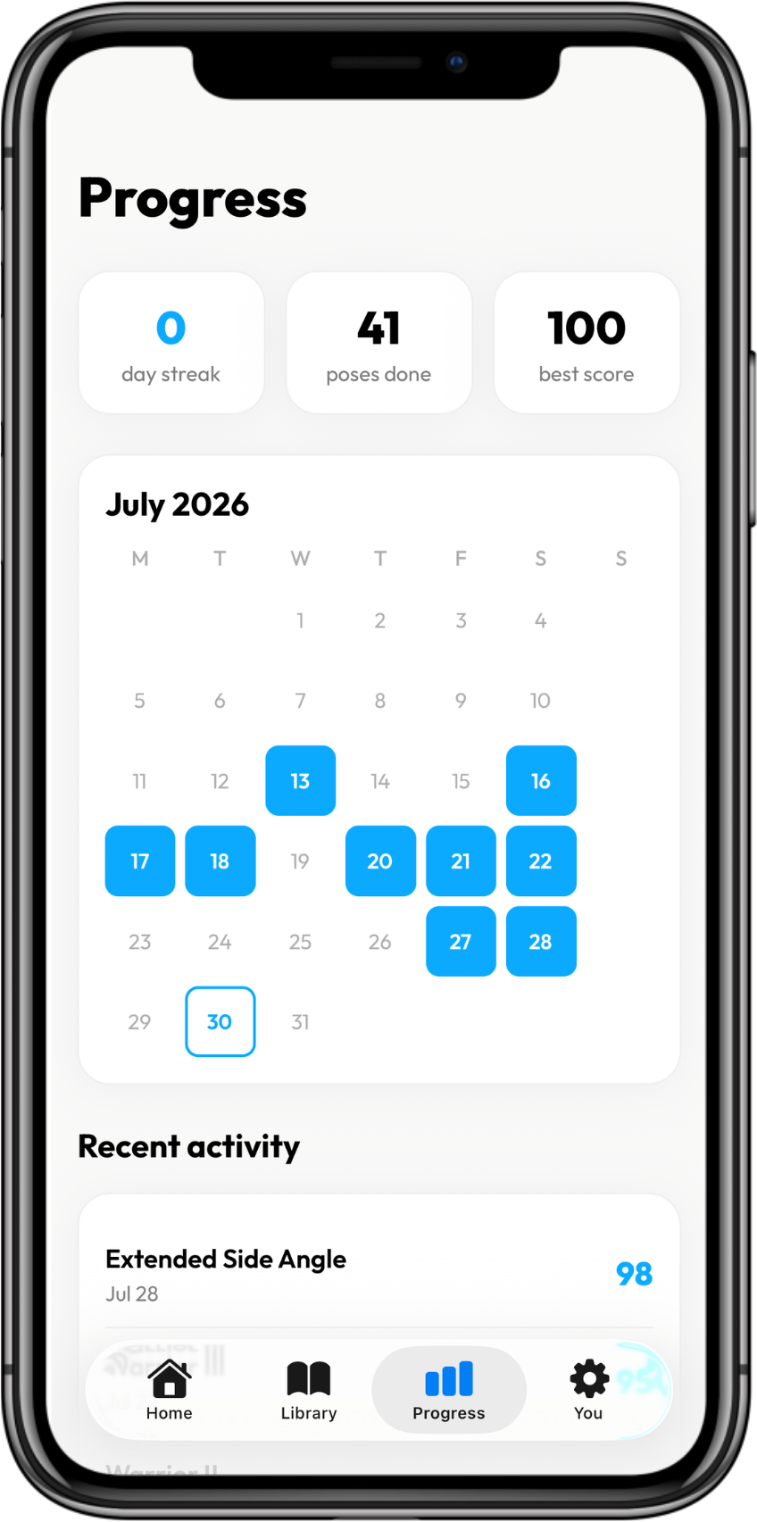 Poze progress screen with a July practice calendar and streak stats