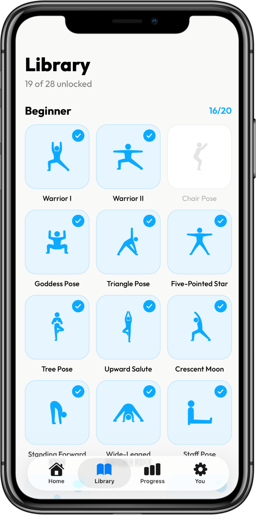 Poze pose library showing beginner poses, 19 of 28 unlocked